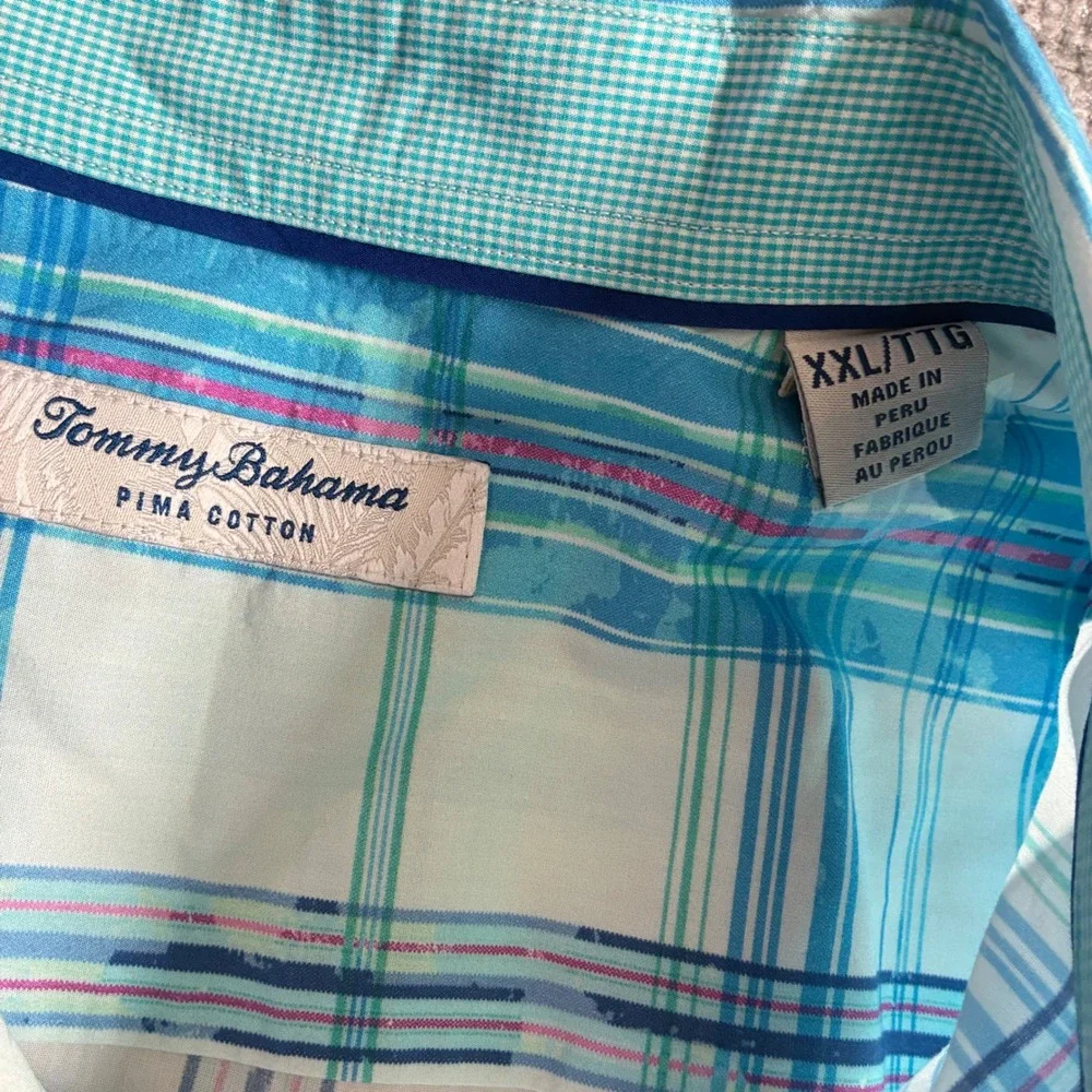 Tommy‎ Bahama Plaid Button Down Mens XXL Turquoise Pima Cotton Excellent Marlin